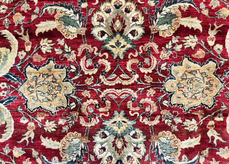 Indo Persian Rug 10x14, Indian Agra Carpet, Vintage Handmade Wool Large Traditional Rug, Dark Red Navy Blue Beige by Jewel Rugs