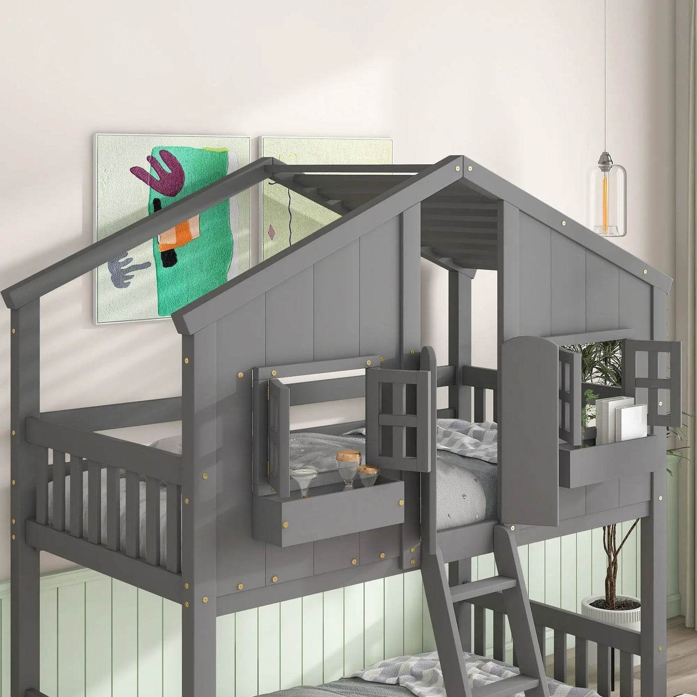 House Bunk Bed With Roof, Window, Window Box, Door, With Safety Guardrails And Ladder by Unique Piece Furniture