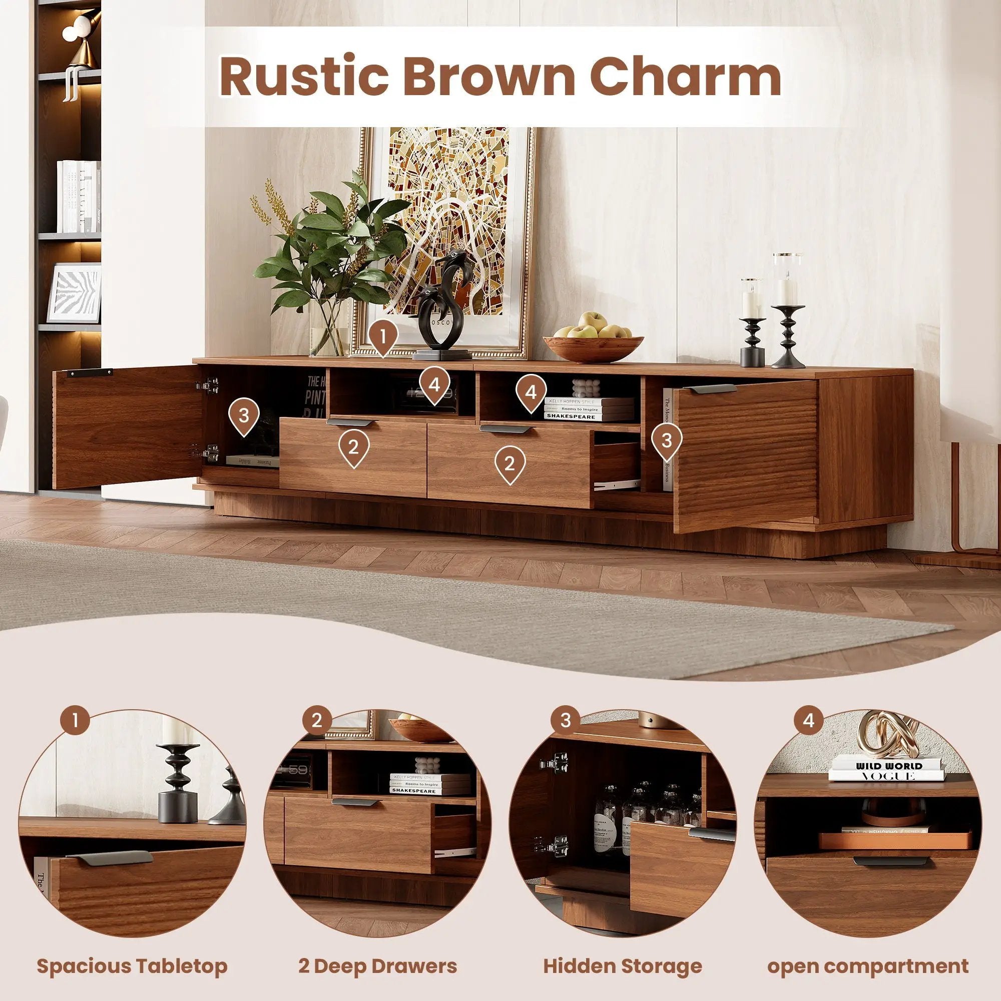 TV Stand, Entertainment Center With Deep Drawers, Cable Management & Soft Closing Hinges by Unique Piece Furniture