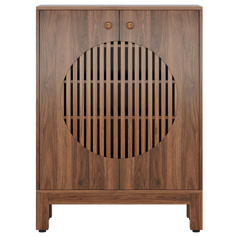 5 Tier Shoe Cabinet With Round Louvered Doors, Storage Organizer - Brown by HouseOfZazla