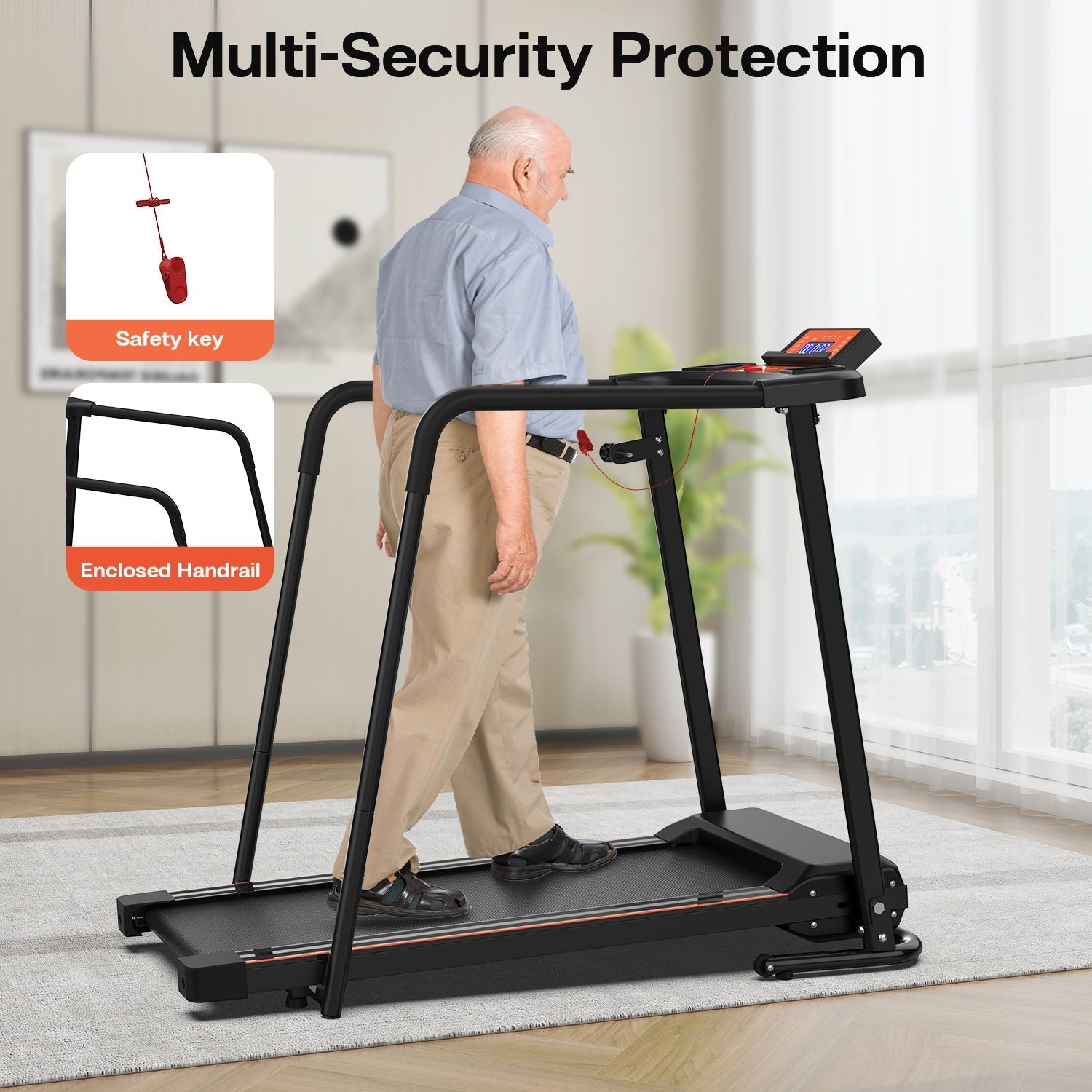 Home Fitness Treadmill With Extended Handrails, Portable Foldable Design - Black / Orange by HouseOfZazla