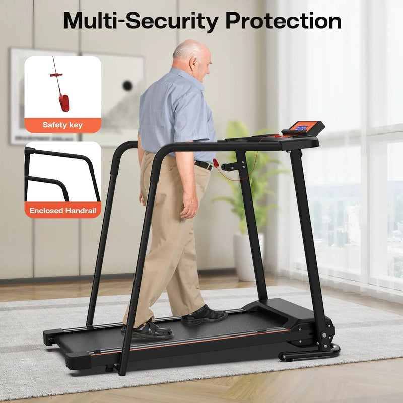 Home Fitness Treadmill With Extended Handrails, Portable Foldable Design - Black / Orange by HouseOfZazla