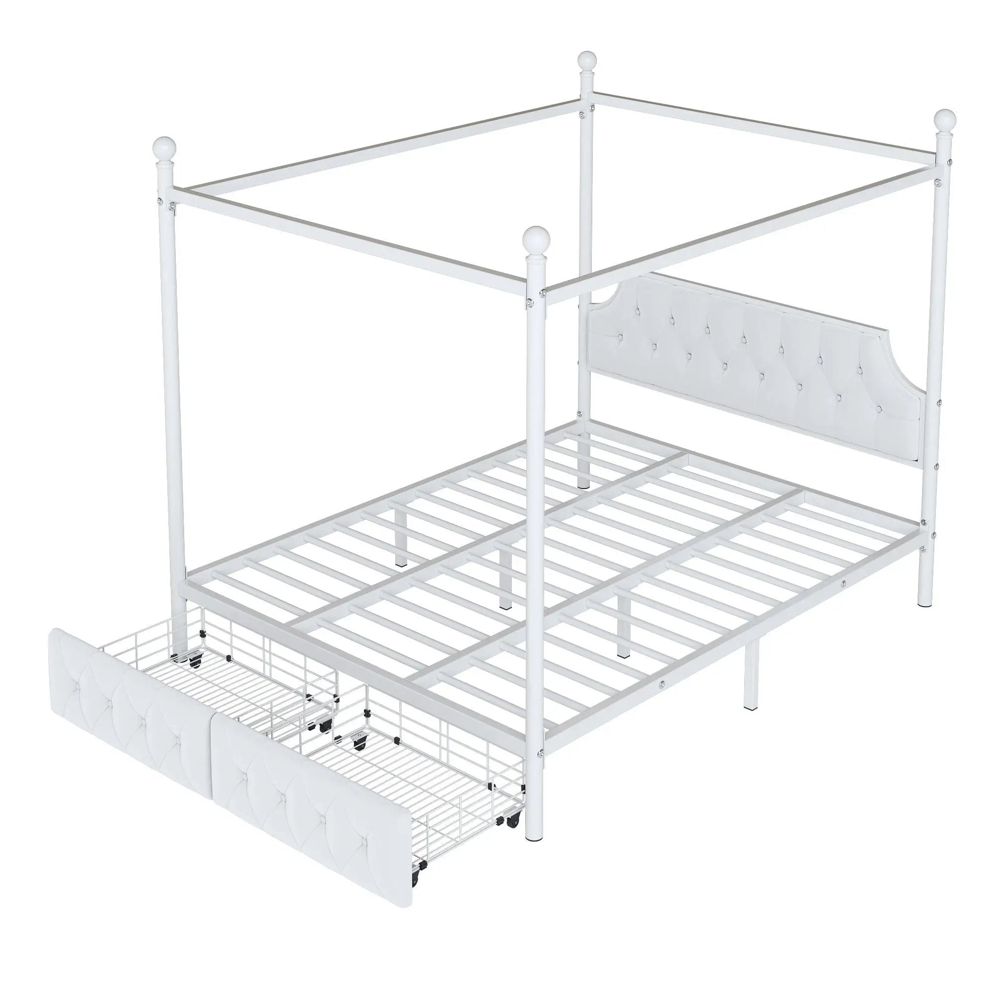Queen Size Canopy Platform Bed With Upholstered Headboard And 2 Storage Drawers - White by HouseOfZazla