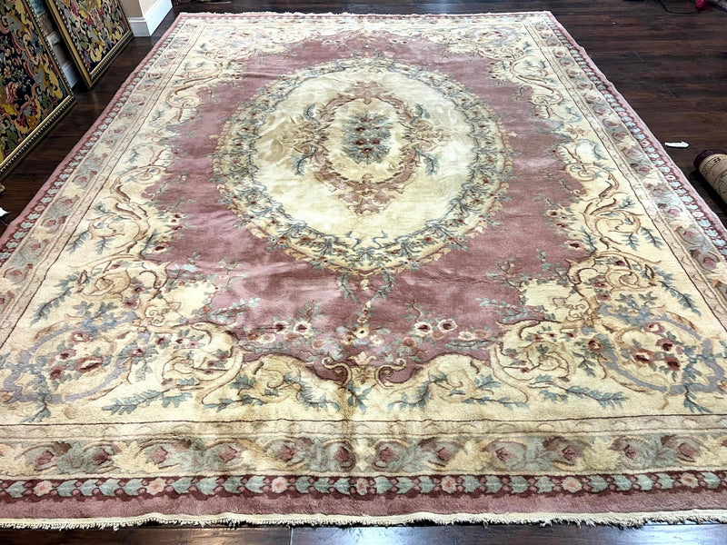 Indo Chinese Aubusson Wool Rug 10x14, Pink and Cream, Handmade Vintage Wool Carpet, Elegant European Design by Jewel Rugs