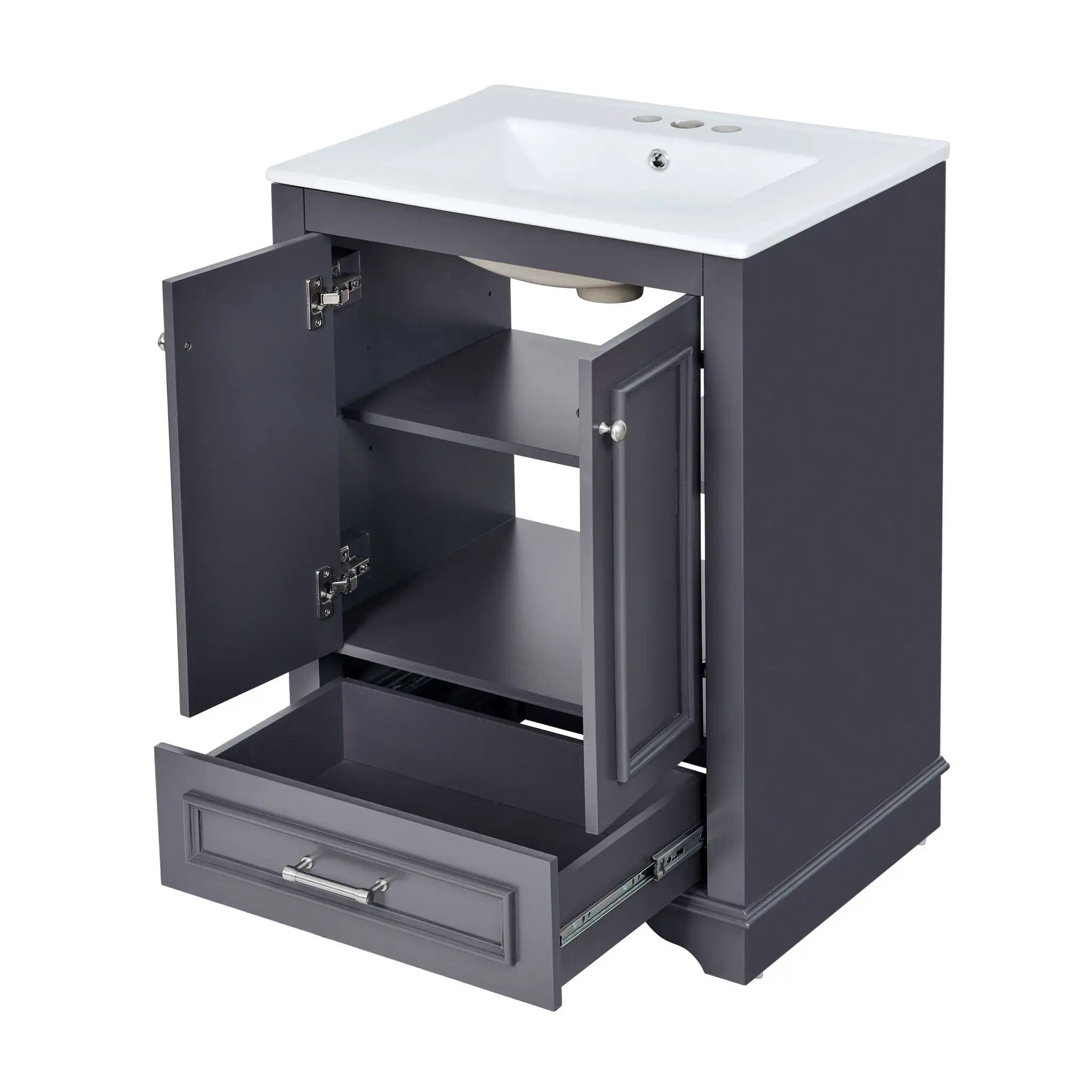 Bathroom Vanity With Ceramic Sink Combo, Modern Freestanding Storage Cabinet With Silver Handles