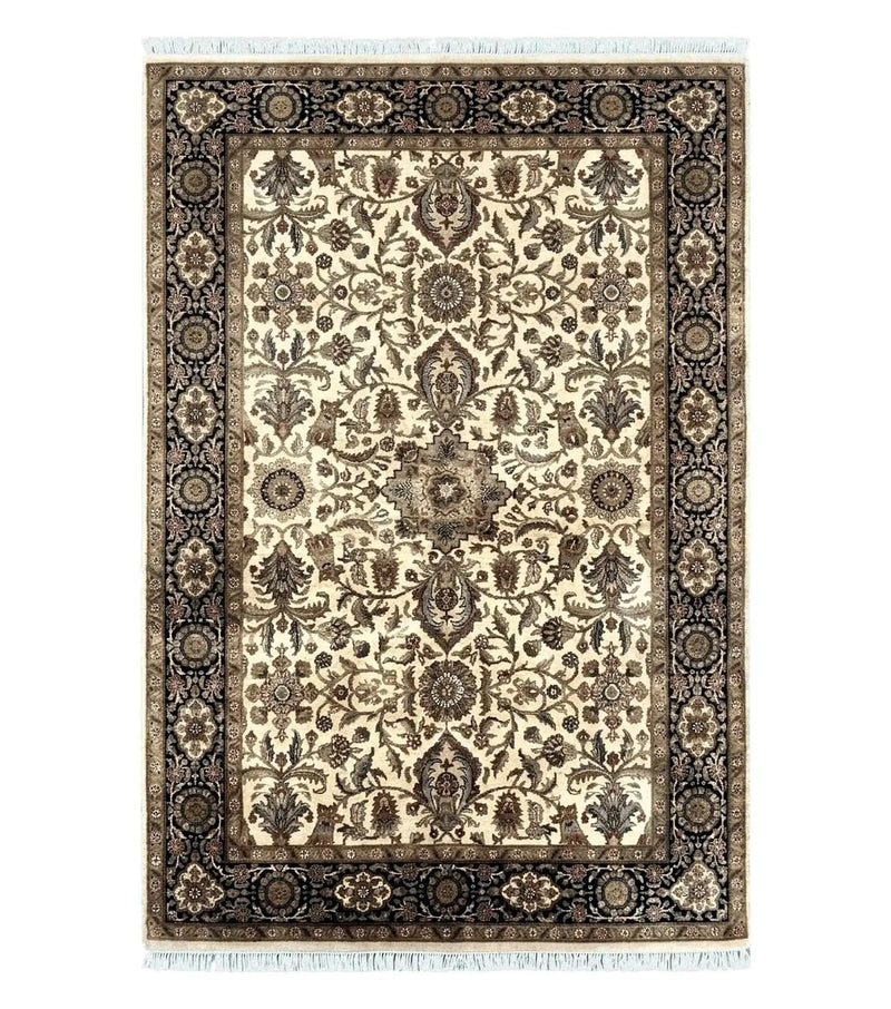 Indo Mahal Rug 6x9, Indian Floral Carpet 6 x 9, Beige and Black, Allover Design, Living Room Rug, Bedroom Rug, Traditional Rug, Vintage Rug by Jewel Rugs
