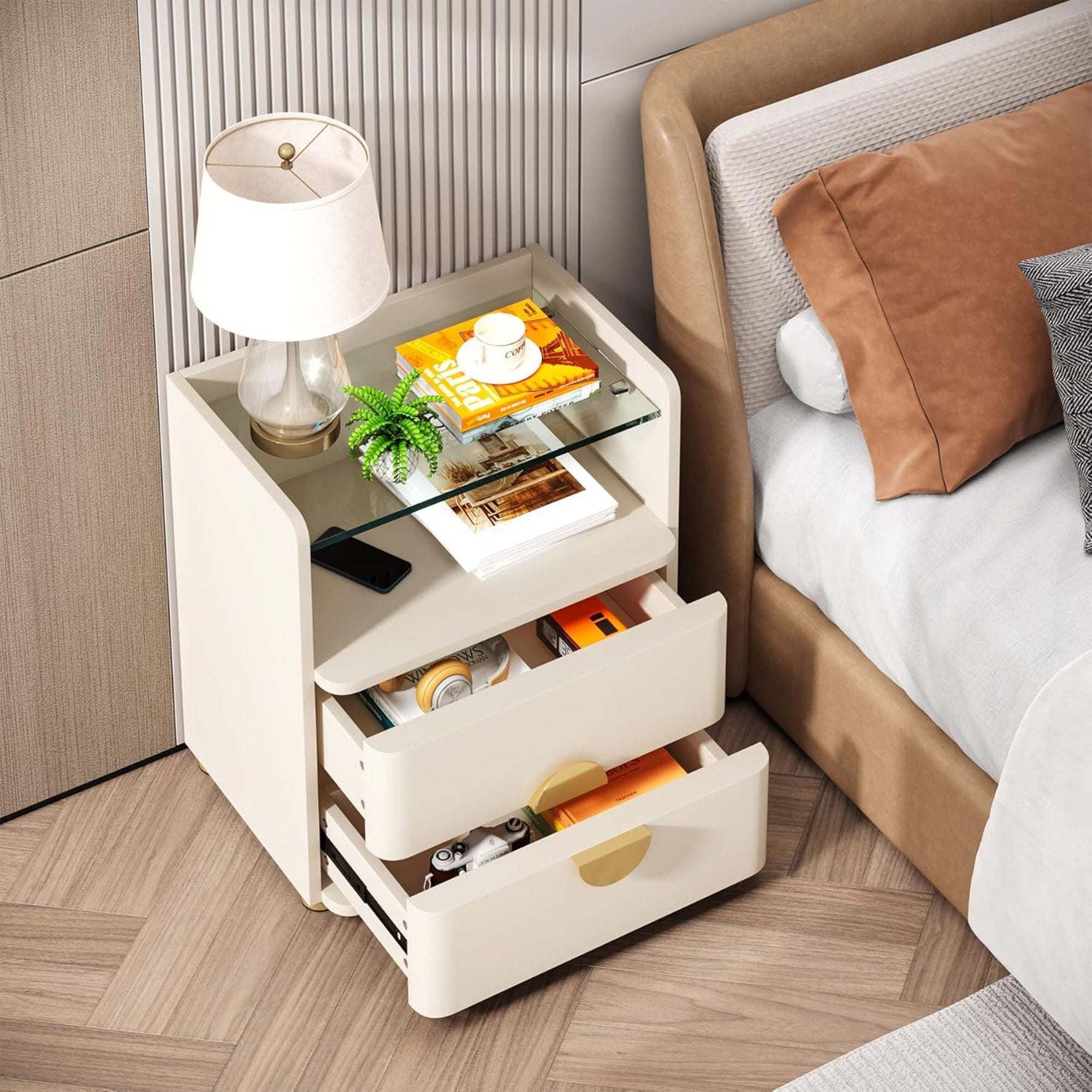 2 Drawer Nightstand With Open Shelf, Bedside Table - Beige by HouseOfZazla