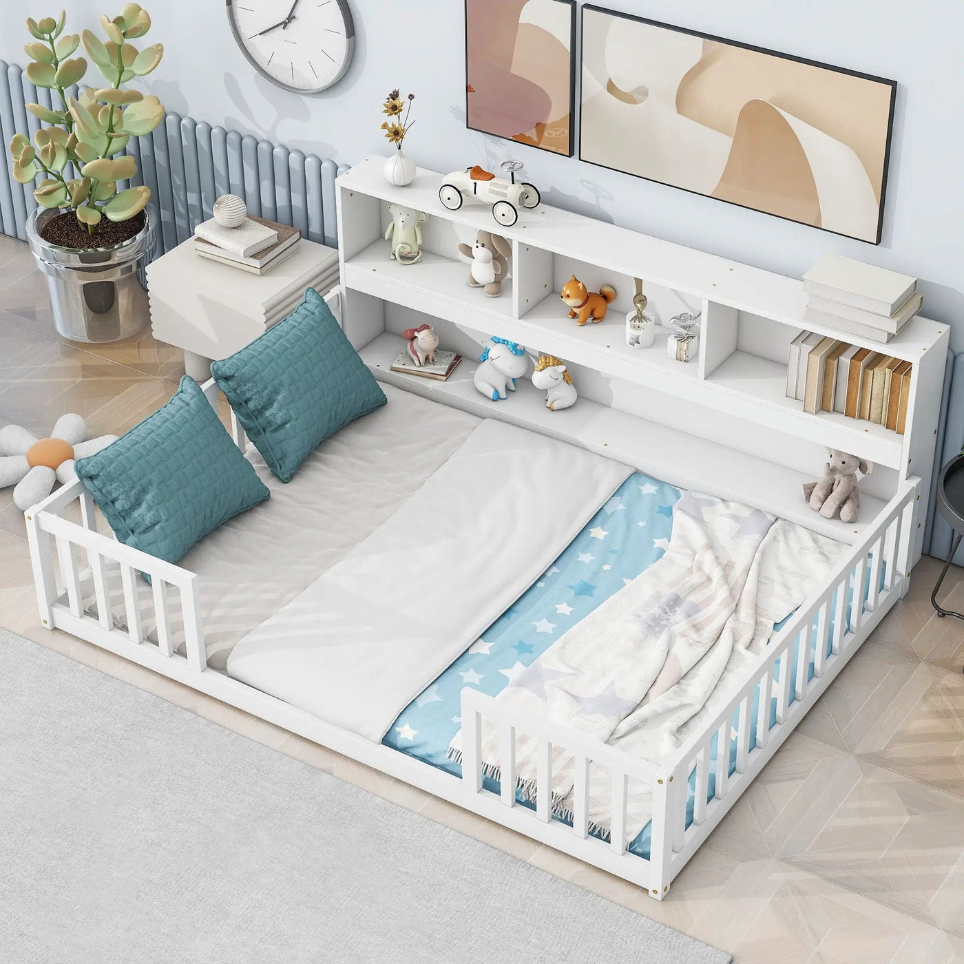 Floor Bed With Side Bookcase, Shelves, Guardrails by Unique Piece Furniture