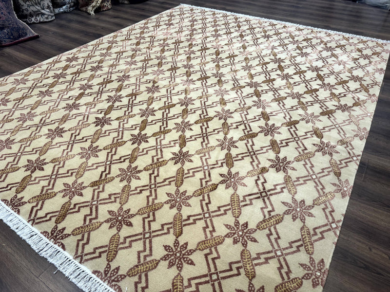 Tibetan Rug 8x10, Wool with Silk Highlights, Beige and Maroon, Contemporary Carpet by Jewel Rugs