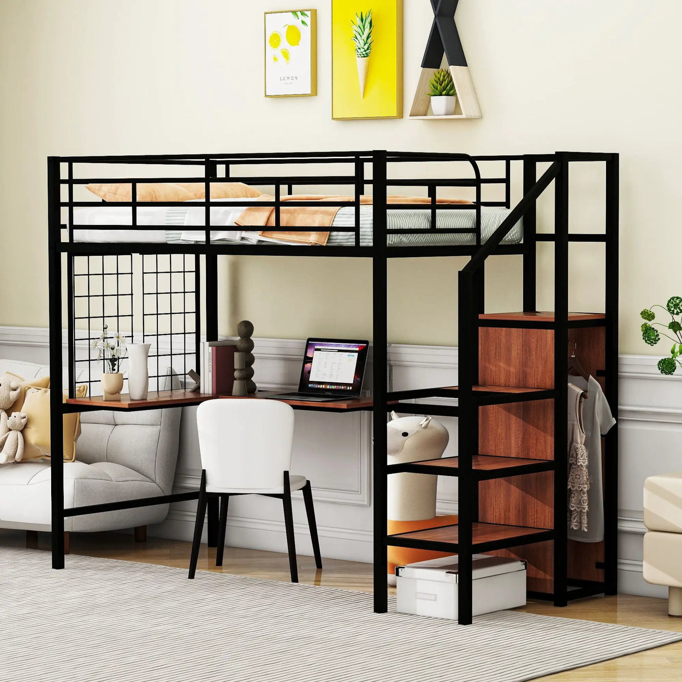 Loft Bed With Desk And Grid, Stylish Frame With Lateral Storage Ladder And Wardrobe by Unique Piece Furniture