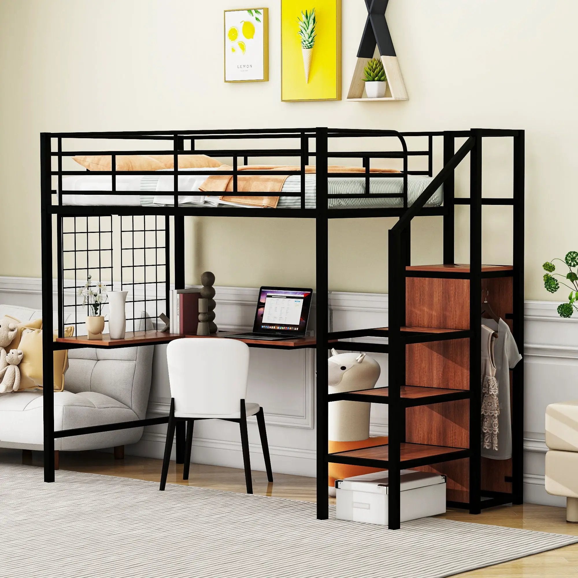 Loft Bed With Desk And Grid, Stylish Frame With Lateral Storage Ladder And Wardrobe by HouseOfZazla