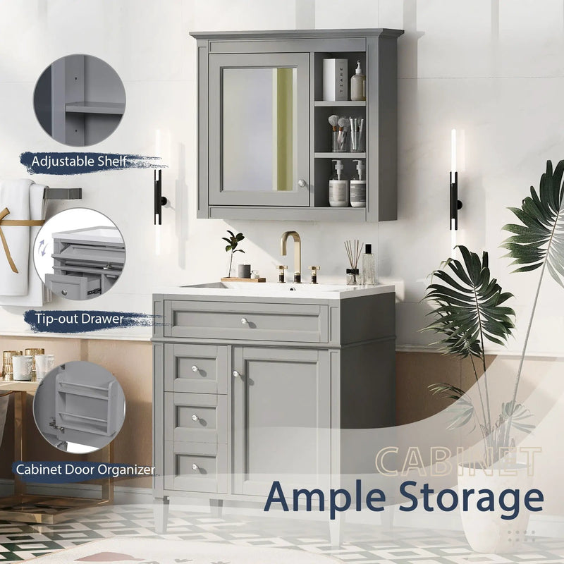 Bathroom Vanity With Medicine Cabinet, Royal Mirror Cabinet, Modern Bathroom Storage Cabinet With 2 Soft Closing Doors And 4 Drawers by HouseOfZazla