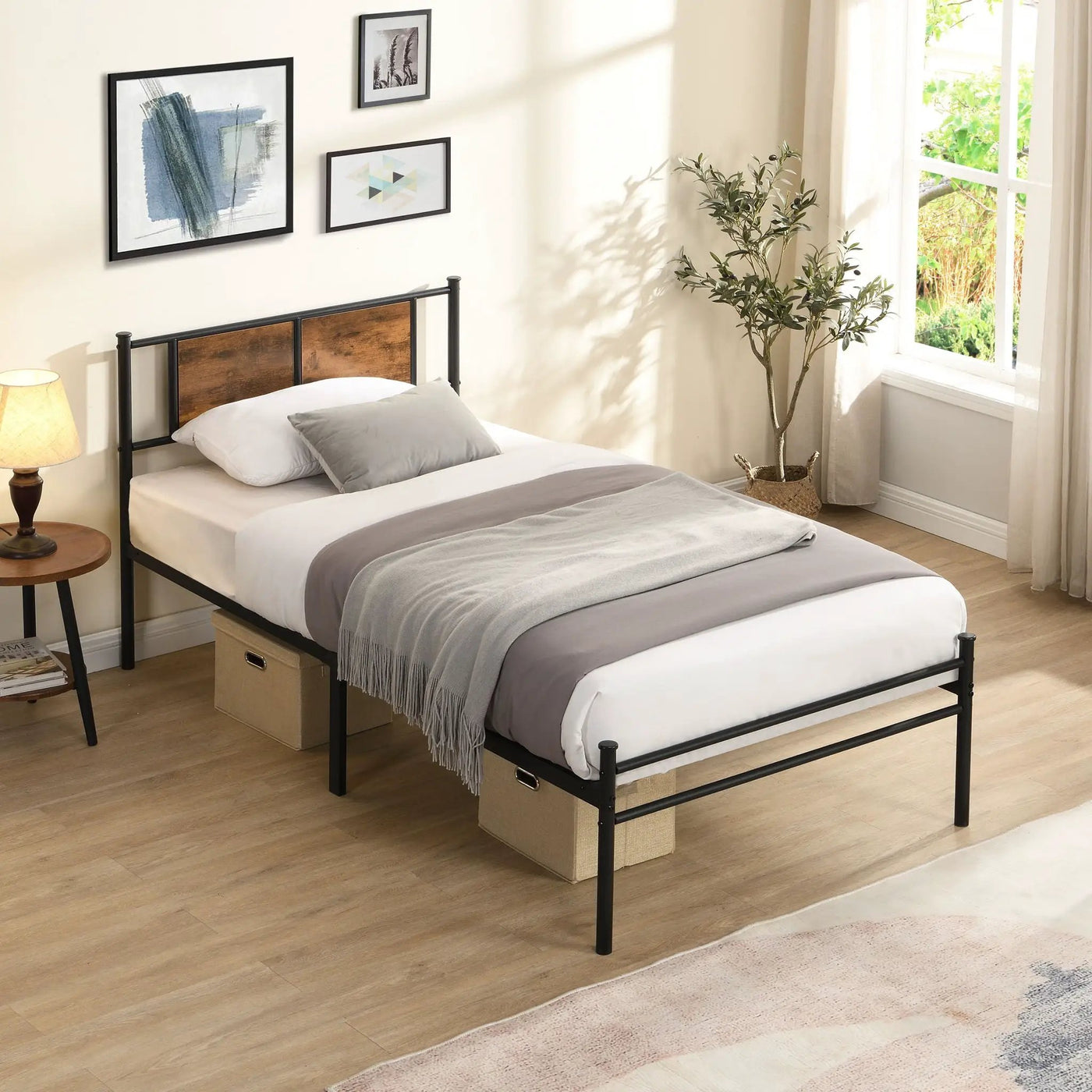 ModerMetal Bedframe With Wood Panel Headboard by Unique Piece Furniture