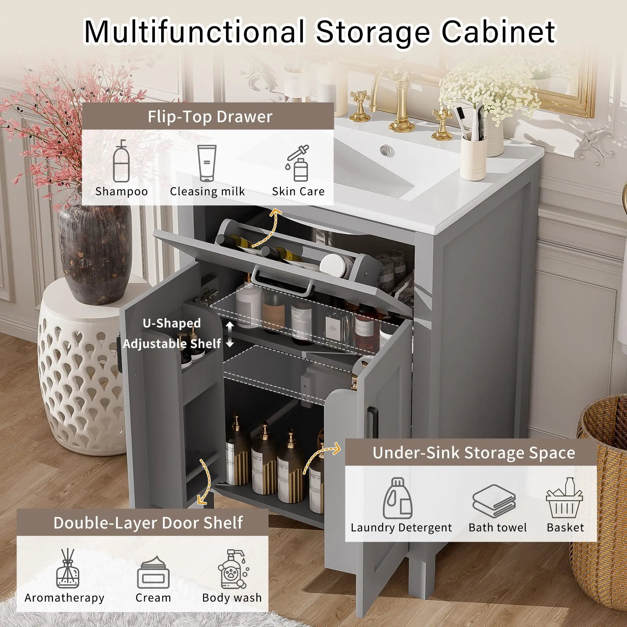 Bathroom Vanity With Ceramic Sink, Soft Close Doors, Flip Drawer, Double Layer Door Shelves by HouseOfZazla