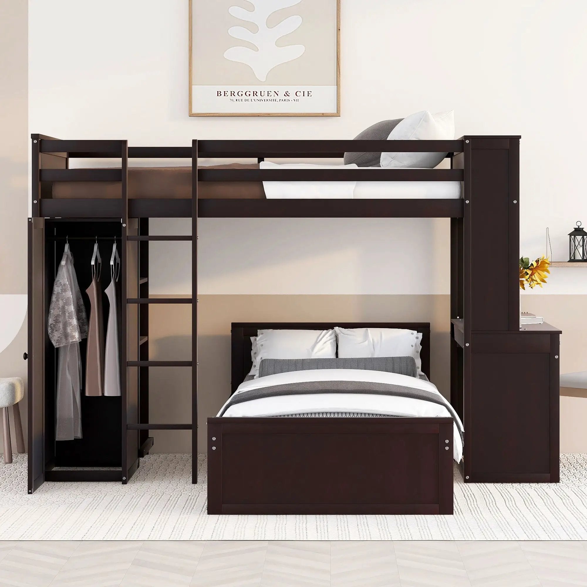 Loft Bed With A Stand Alone Bed, Shelves, Desk, And Wardrobe by HouseOfZazla