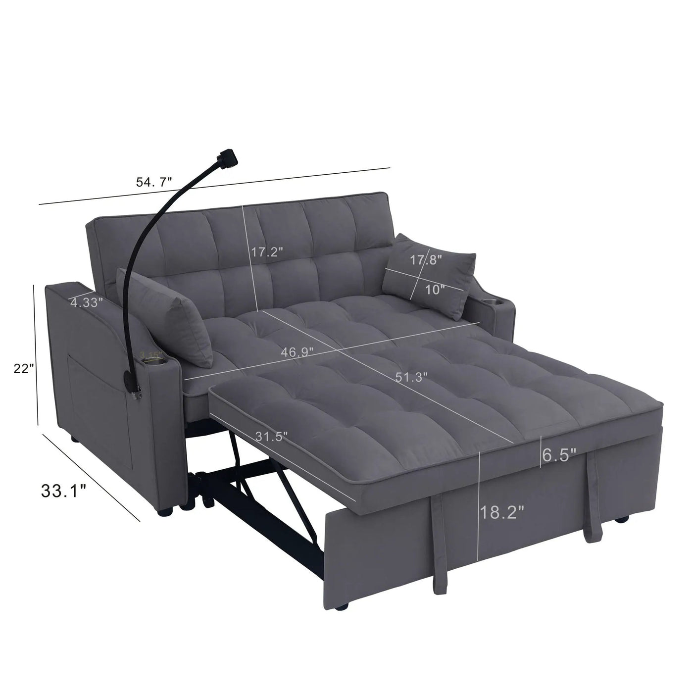 Modern Loveseat Futon Sofa With Pullout Bed, Adjustable Reclining Backrest, Toss Pillows by Unique Piece Furniture