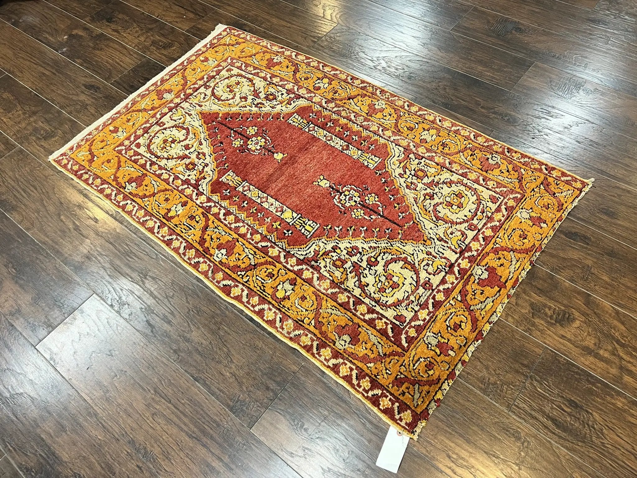 Antique Turkish Prayer Rug 3x5, Hand Knotted Turkish Melas Oushak Wool Carpet, Mehrab Rug, Orange & Red Vintage Rug 3 x 5 Collectible by Jewel Rugs
