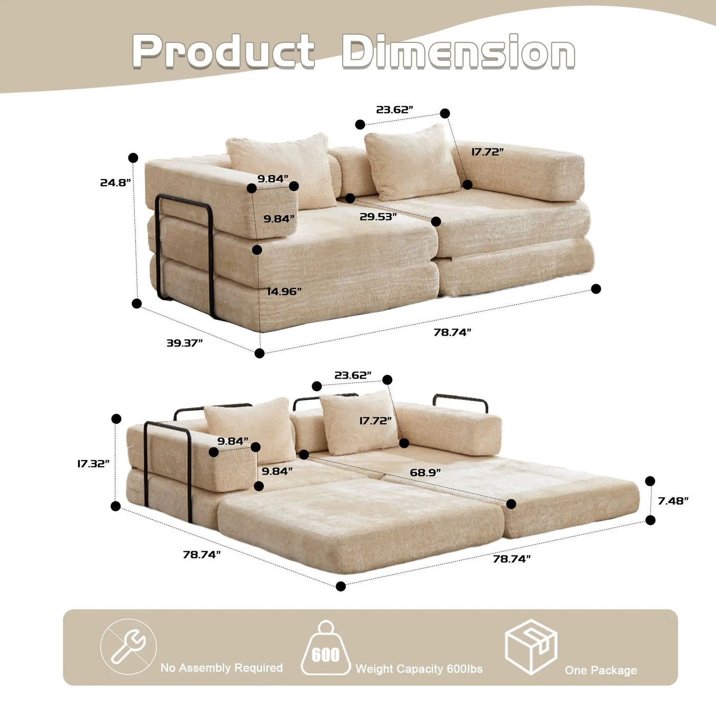 Convertible Floor Sofa Bed With Pillow Back Support Armrest by HouseOfZazla