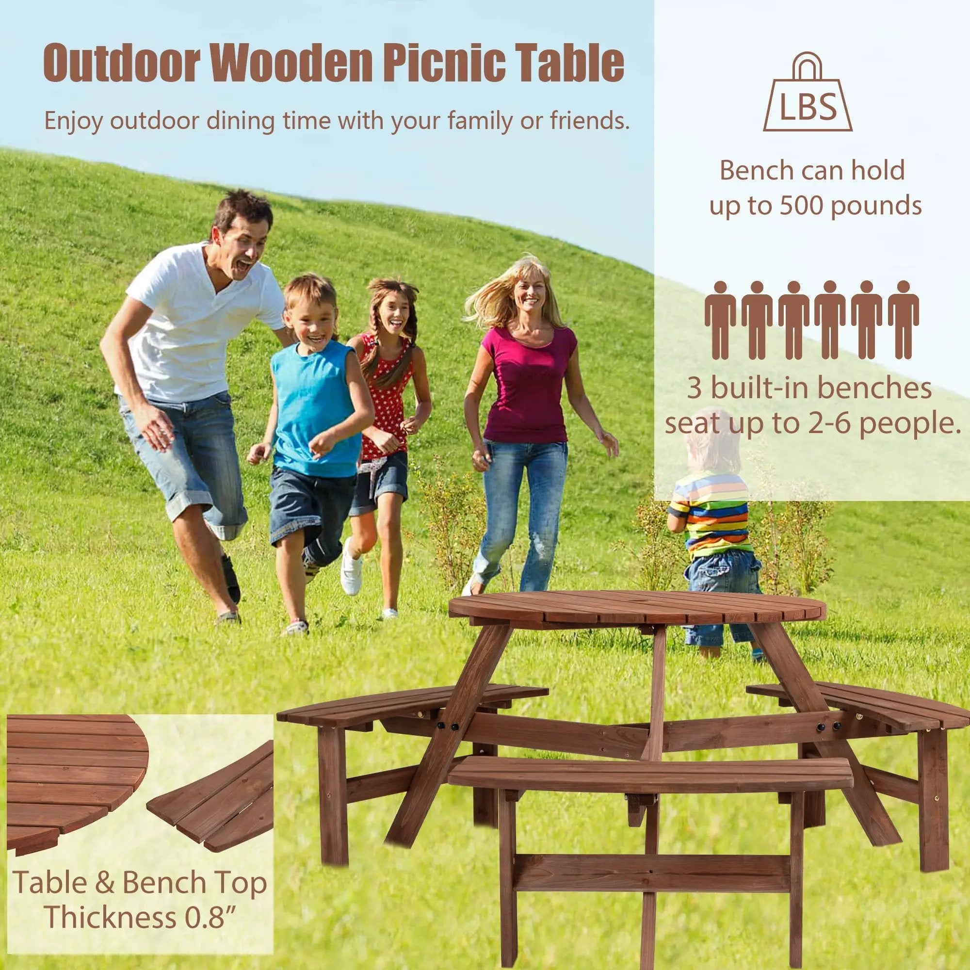 6 Person Circular Outdoor Wooden Picnic Table For Patio, Backyard, Garden, Diy With 3 Built-In Benches, 1720Lb Capacity by Unique Piece Furniture