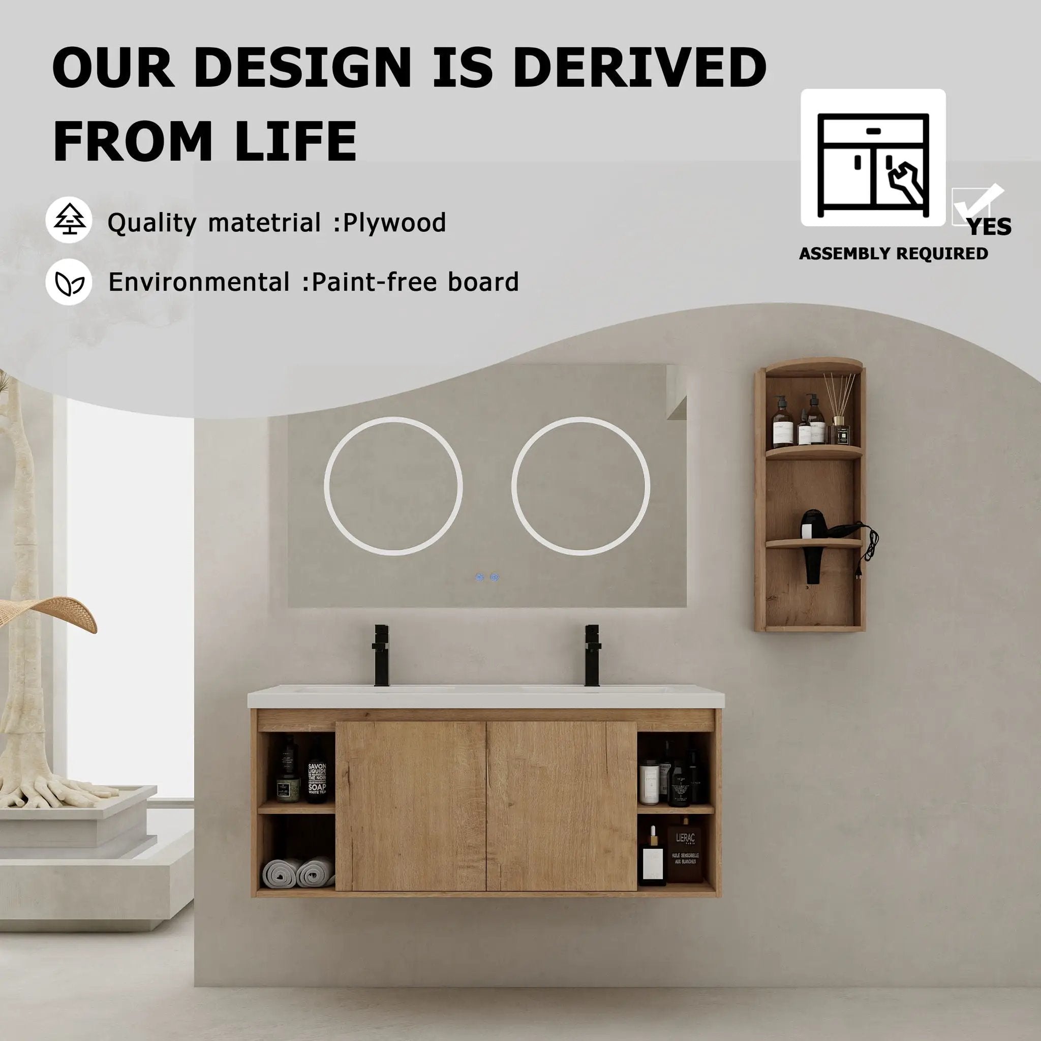 Modern 48" Wall Mounted Bathroom Vanity With Double Resin Sink And Storage Rack Soft Close Doors - Imitative Oak by Unique Piece Furniture