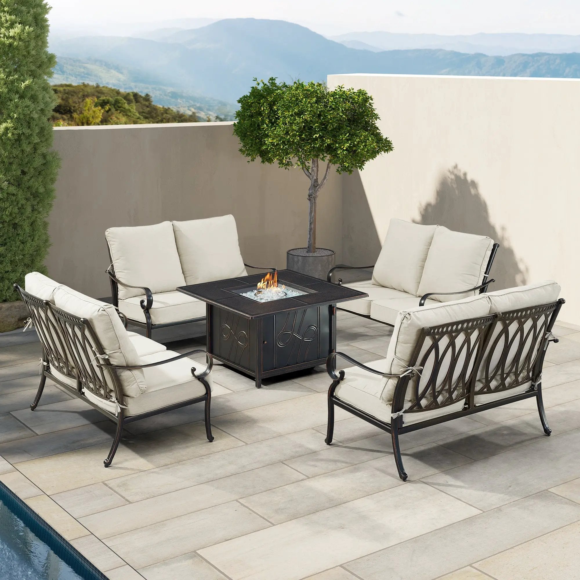 Black Aluminum Fire Table Set with Four Deep Seating Loveseats by Sharicks