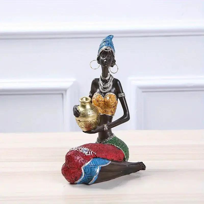 African Tribal Woman Figurine Holding Pot Decorative Statue by House Of Avana