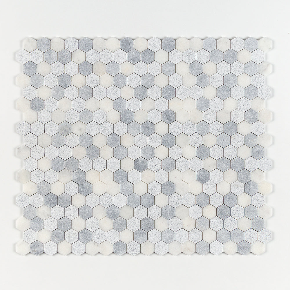 Bardiglio Light, Calacatta T Textured Hexagon 2 Marble Mosaics 10 3/8x12 Marble Textured 12x12 Mosaics — 1