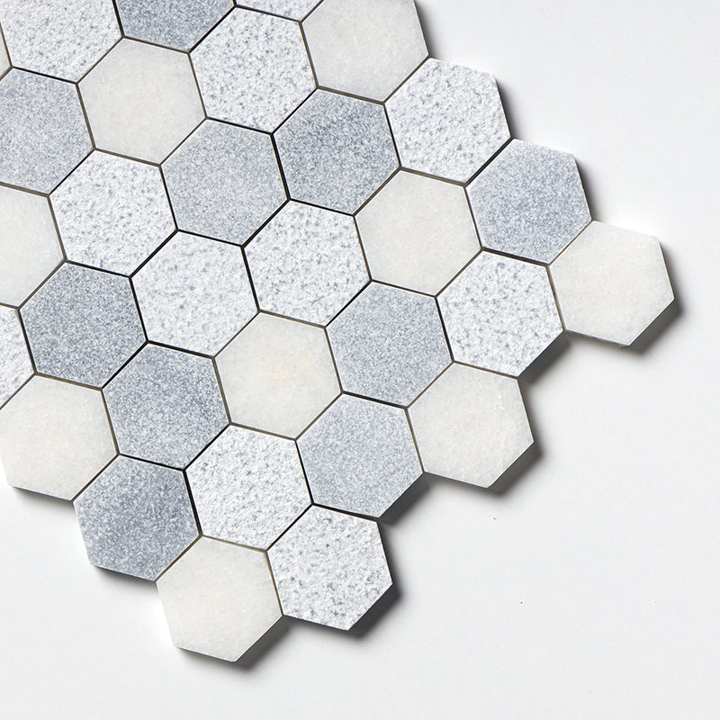 Bardiglio Light, Calacatta T Textured Hexagon 2 Marble Mosaics 10 3/8x12 Marble Textured 12x12 Mosaics — 3