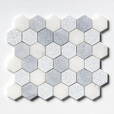 Bardiglio Light, Calacatta T Textured Hexagon 2 Marble Mosaics 10 3/8x12
