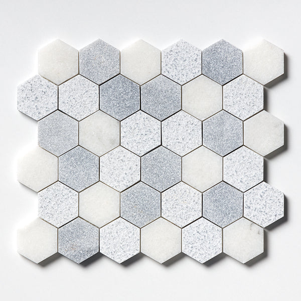 Bardiglio Light, Calacatta T Textured Hexagon 2 Marble Mosaics 10 3/8x12