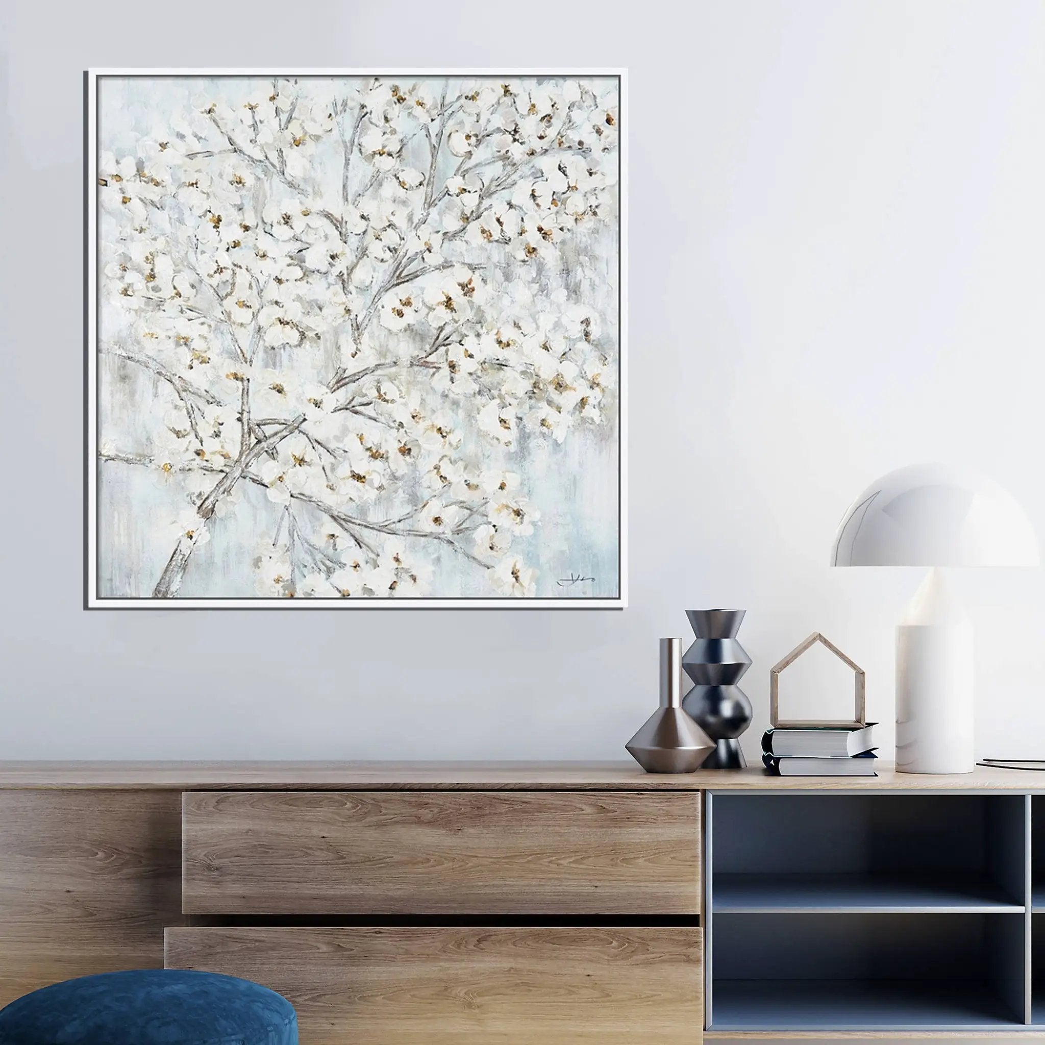 Hand Painted Acrylic Wall Art White Flower Tree on a 39 x 39 Square Canvas with a White Wooden Frame by Sharicks