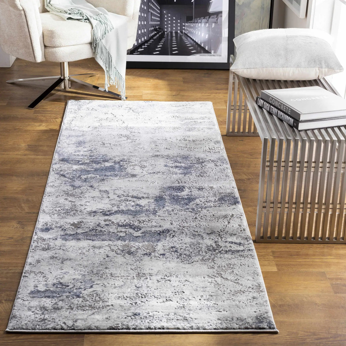 Ainslie Gray Marble Rug, installed in a room 2