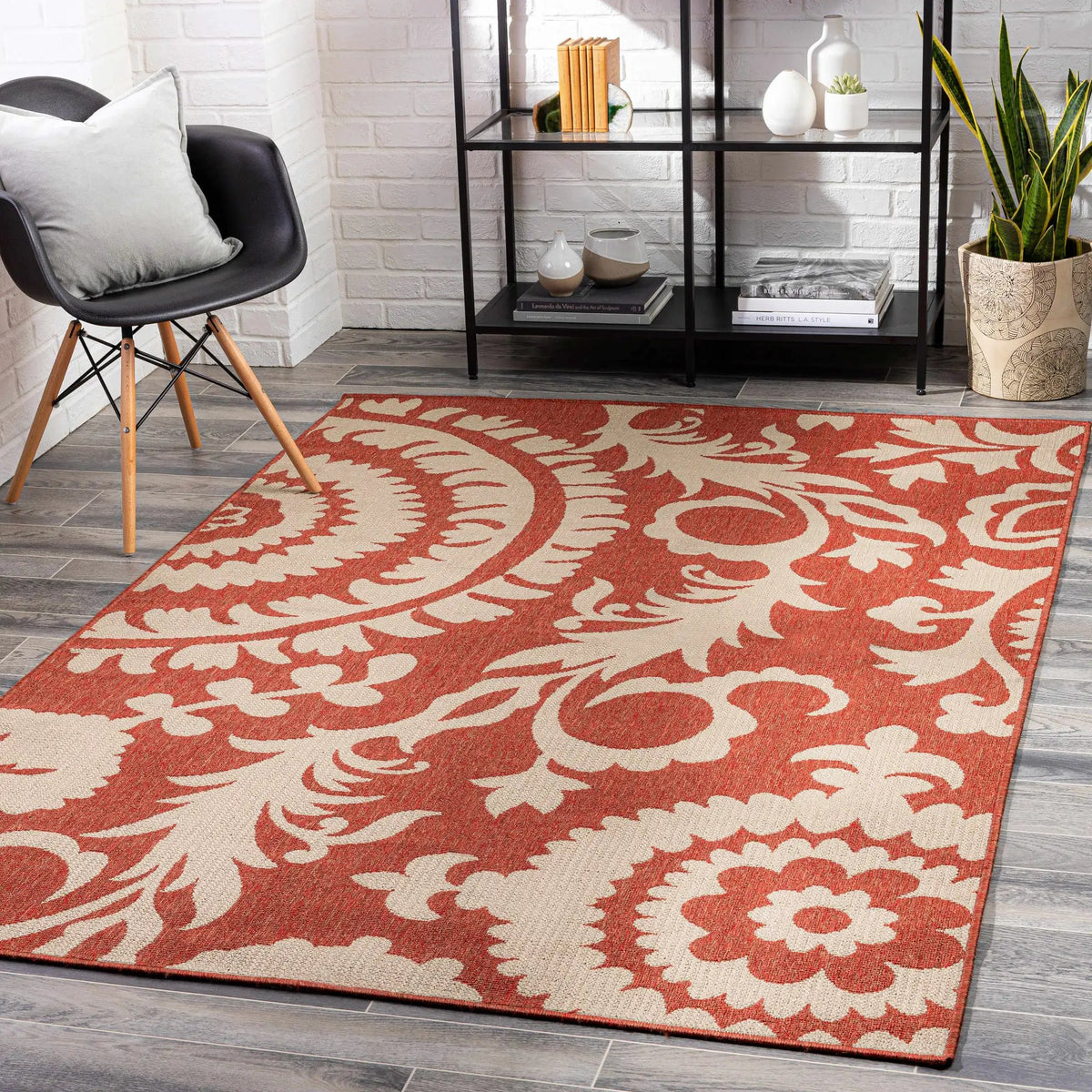 Alburnett Burnt Orange Floral Outdoor Rug - Clearance, installed in a room