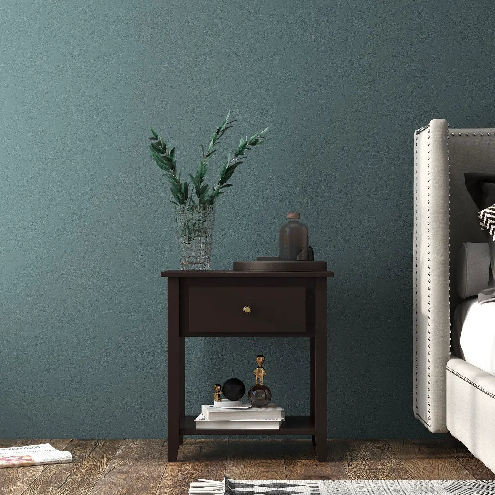 Nightstand with Drawer and Storage Shelf for Bedroom Living Room-Espresso by DirectDeals