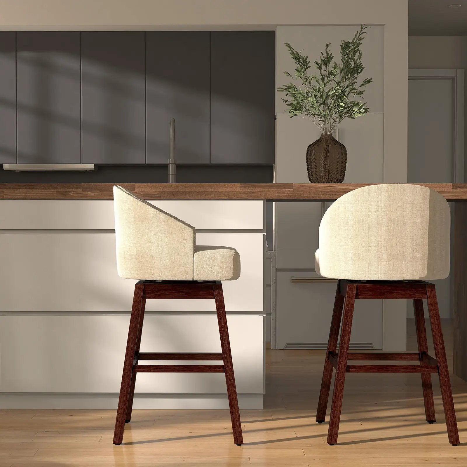 Set of 2 Swivel Bar Stools with Rubber Wood Legs and Padded Back by DirectDeals