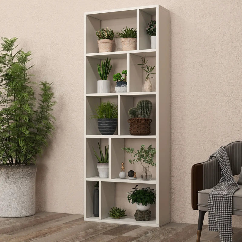 66 Inch Tall 5 Tiers Wood Bookshelf with 10 Open Compartments-White by DirectDeals