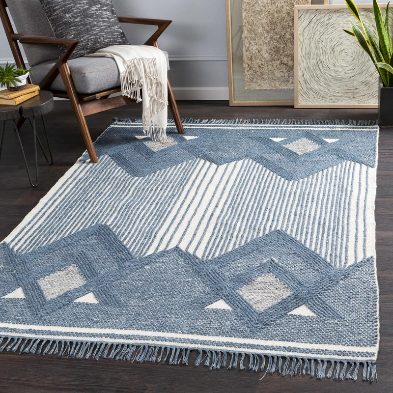 Aldbourne Blue Tassel Flatweave Wool Rug - Clearance by Boutique Rugs