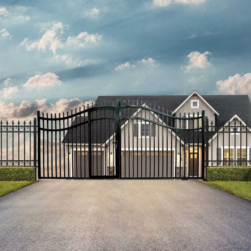 [12-18FT] Heavy-Duty Vienna-Style Steel Dual-Swing Driveway Gate With Built-In Pedestrian Door (SAK75103) by SAKSBY WHOLESALE