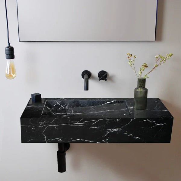 Black Turkish Marble Modern Polished Wall Mount Bathroom Sink 30 x 18 Inches