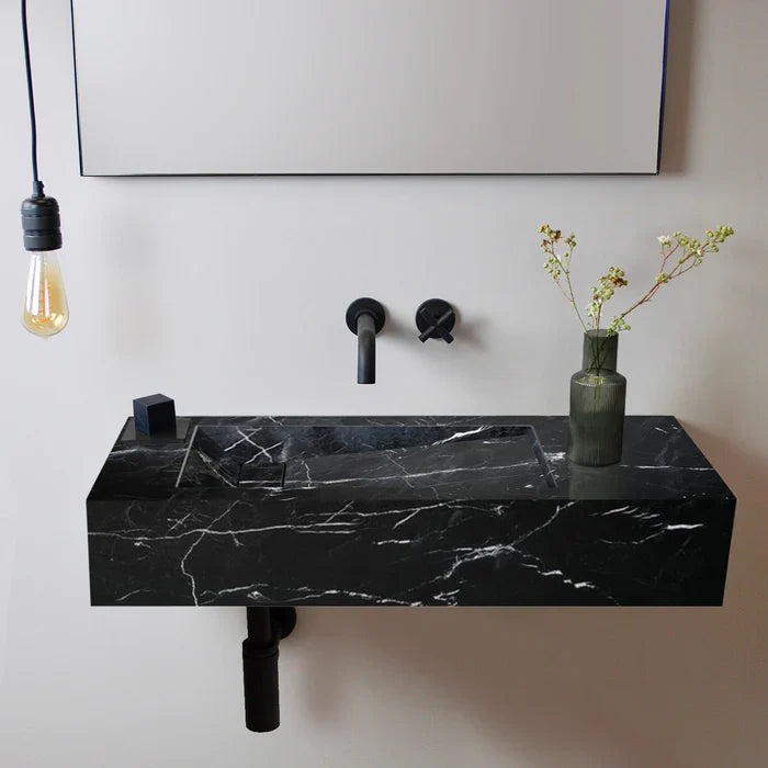 Alexandrette Black Marble Modern Rectangular Sink Wall-mount Bathroom Sink (W)18" (L)30" (H)7" by GobekDesign