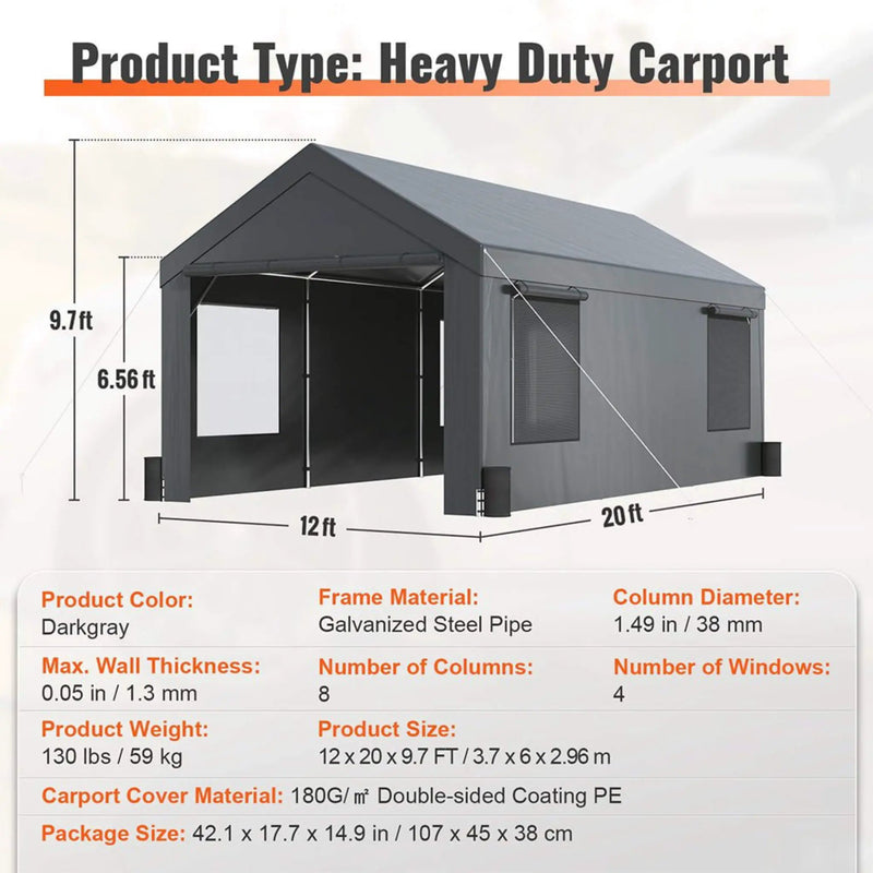 [12X20FT] Alora Heavy-Duty Outdoor Premium Garage Tarp Canopy Shelter W/ Removable Sidewalls (SAK94615) by SAKSBY WHOLESALE