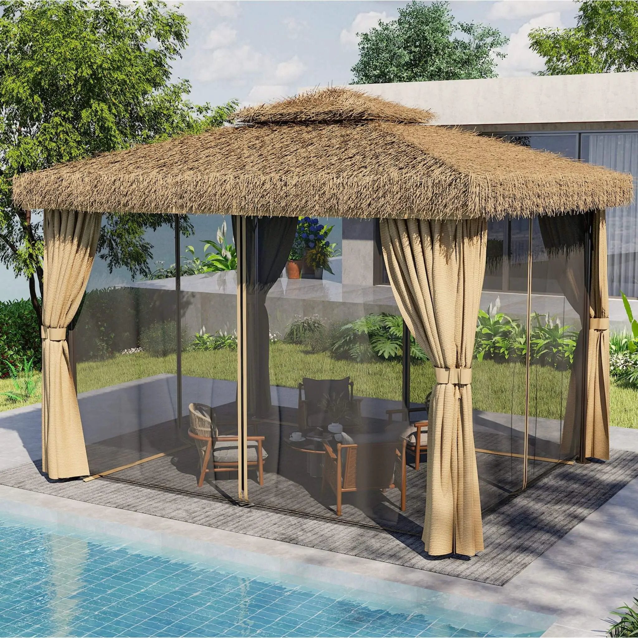 Alora Outdoor Double Canopy Aluminum Patio Gazebo With Hawaiian Thatch Roof (SAK39068) by SAKSBY WHOLESALE