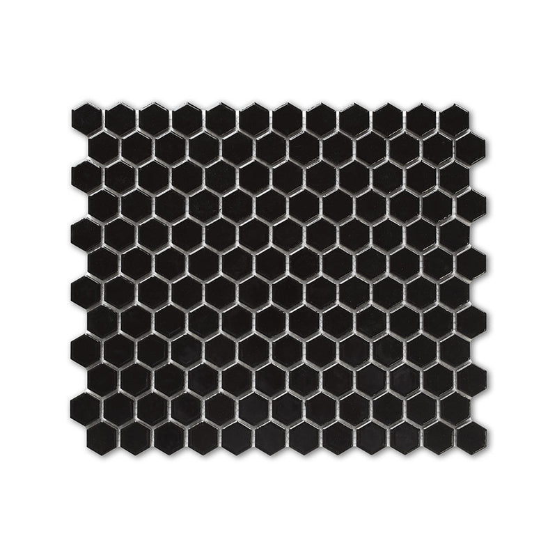 Alpine Glo Black Penny Hexagon Mosaic Porcelain Glossy 12x12 Mosaics