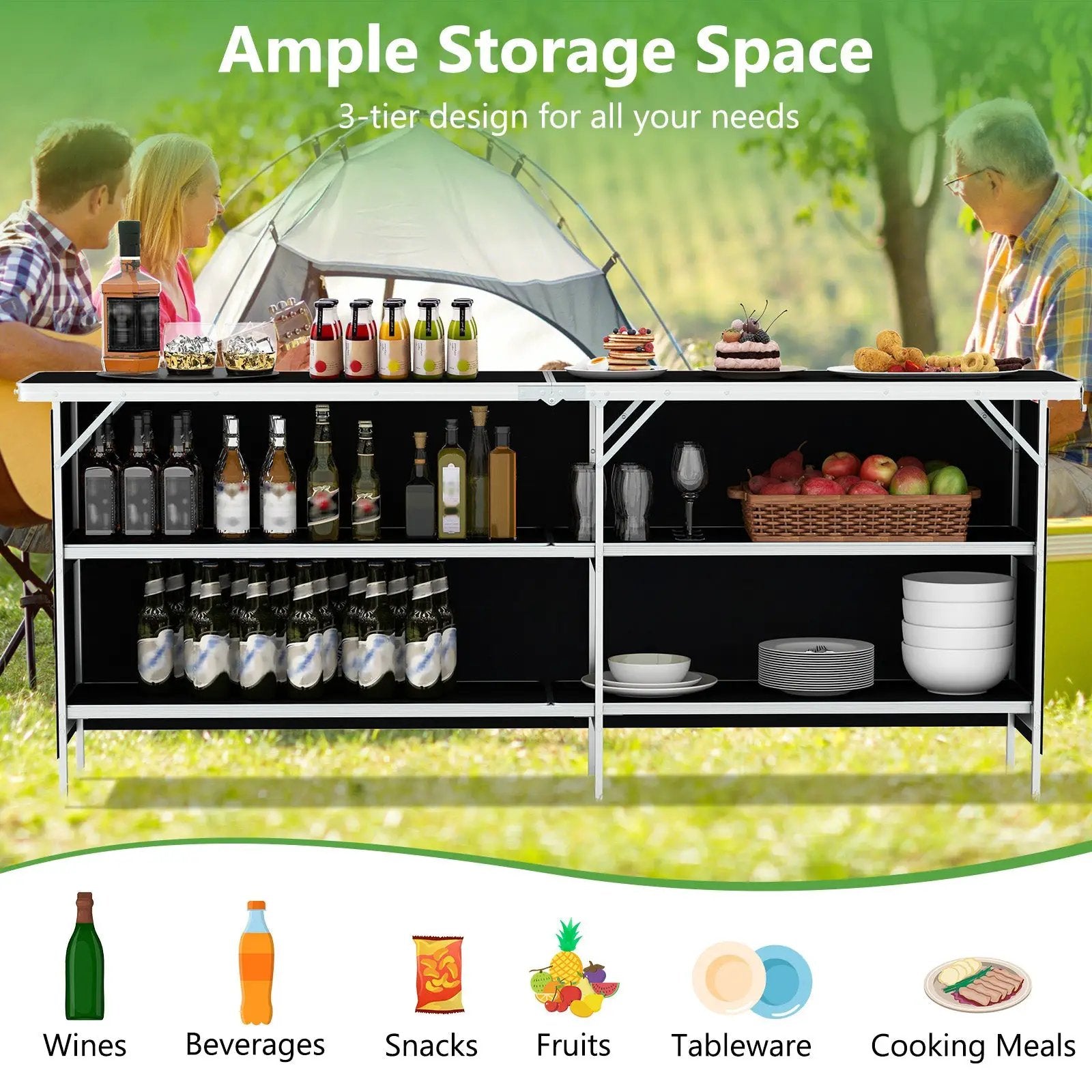 Aluminum Portable Picnic Table with 2-Tier Open Shelves and Spacious Tabletop by DirectDeals