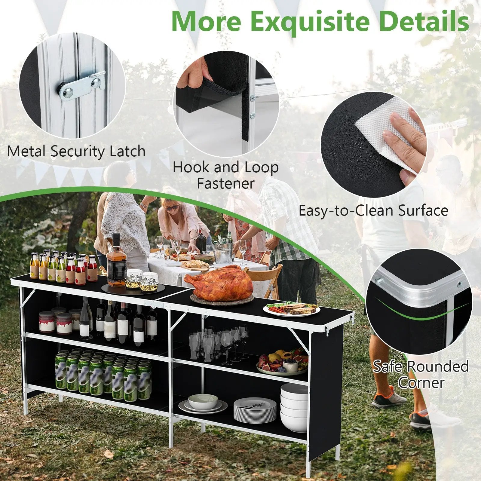 Aluminum Portable Picnic Table with 2-Tier Open Shelves and Spacious Tabletop by DirectDeals