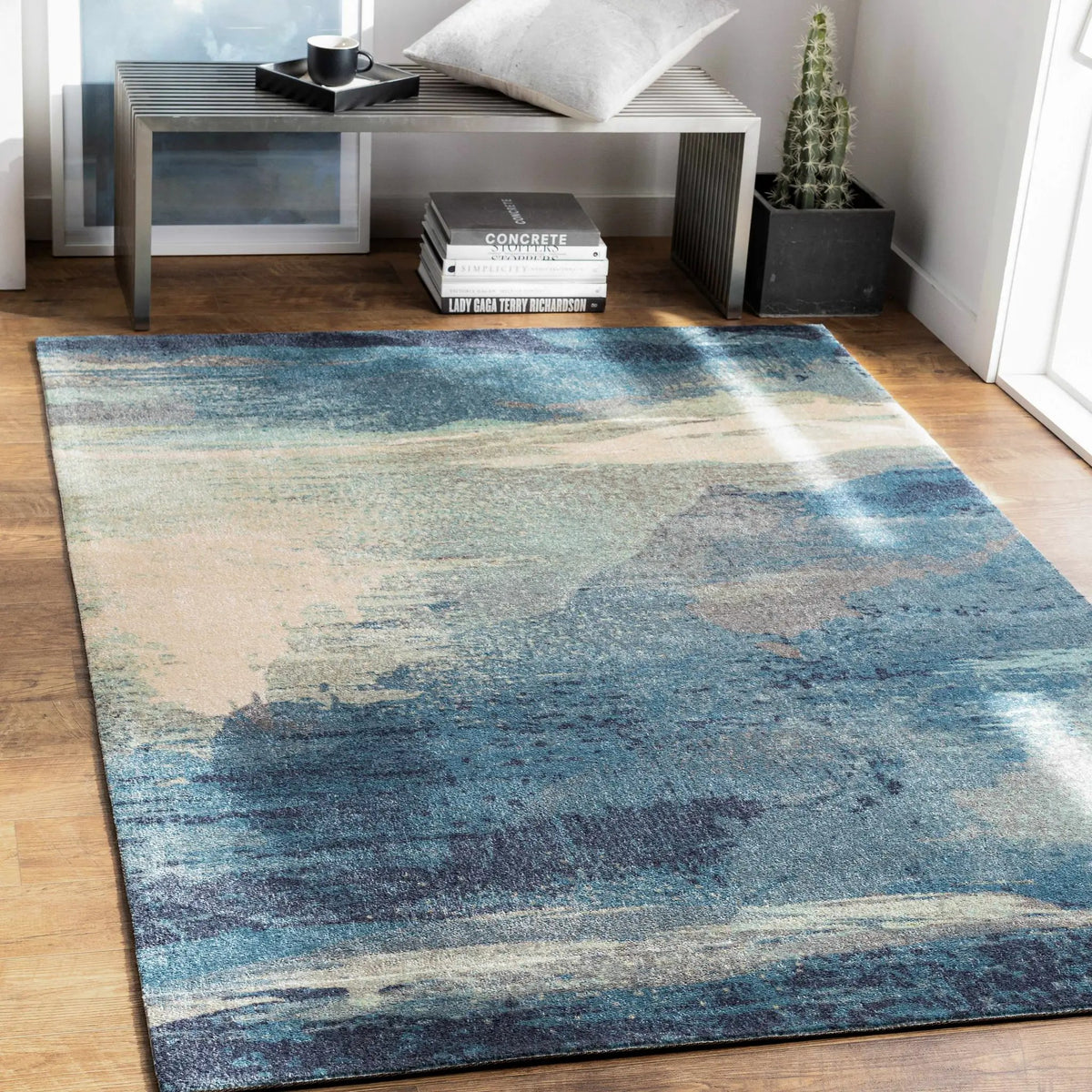 Alvaton Abstract Blue Rug, installed in a room