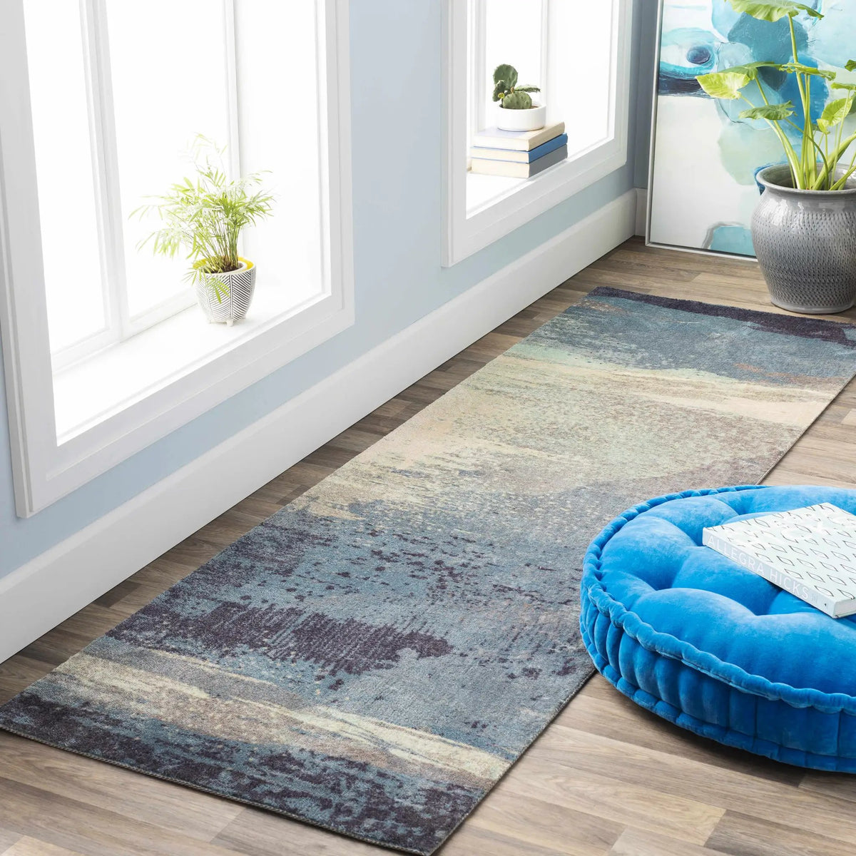 Alvaton Abstract Blue Rug, installed in a room 2