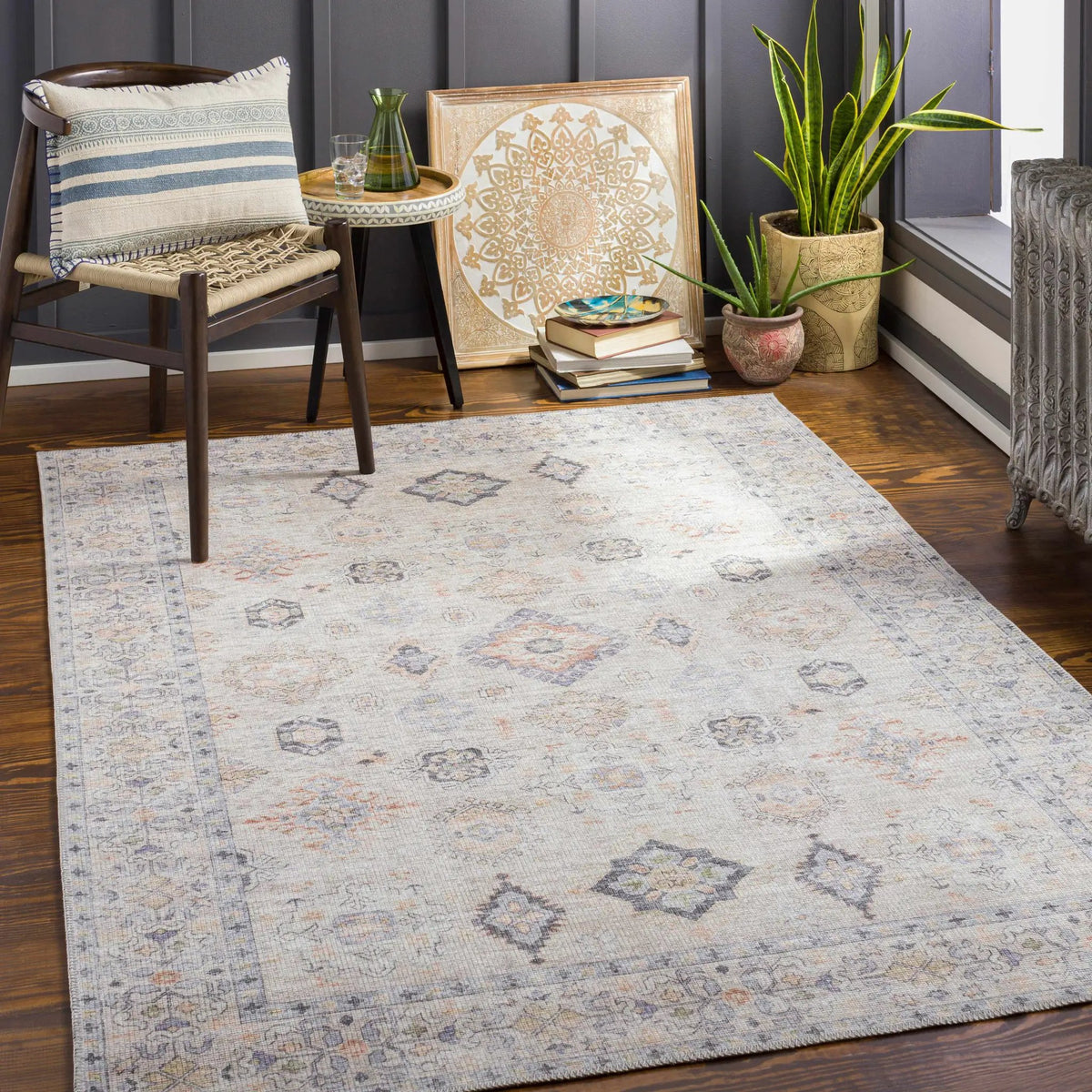 Beige Beckett Vintage Washable Area Rug, installed in a room 2