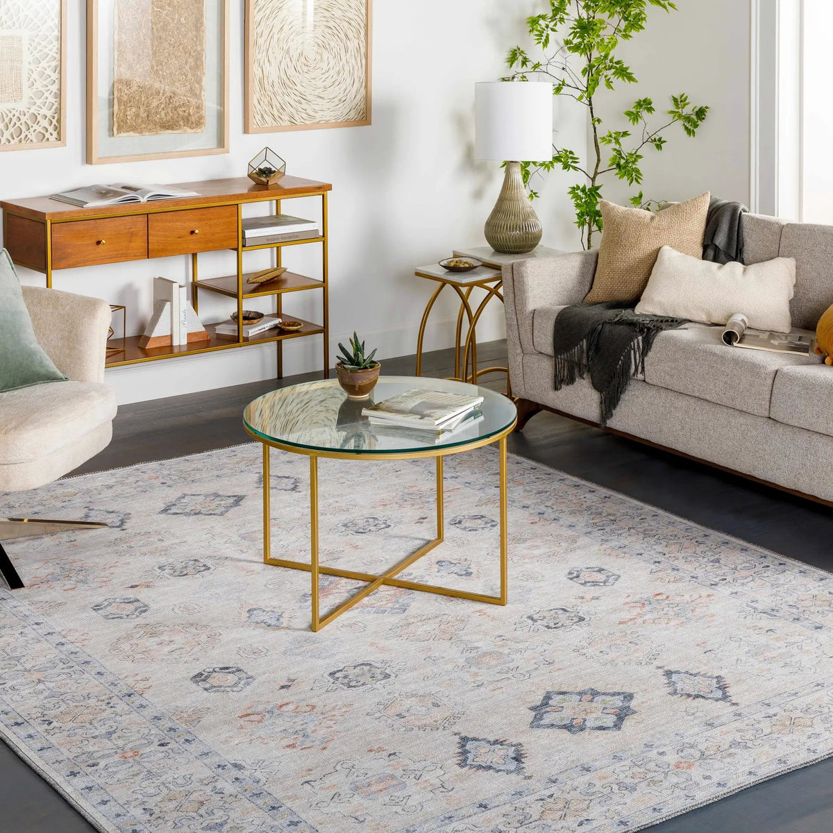 Beige Beckett Vintage Washable Area Rug, installed in a room 3
