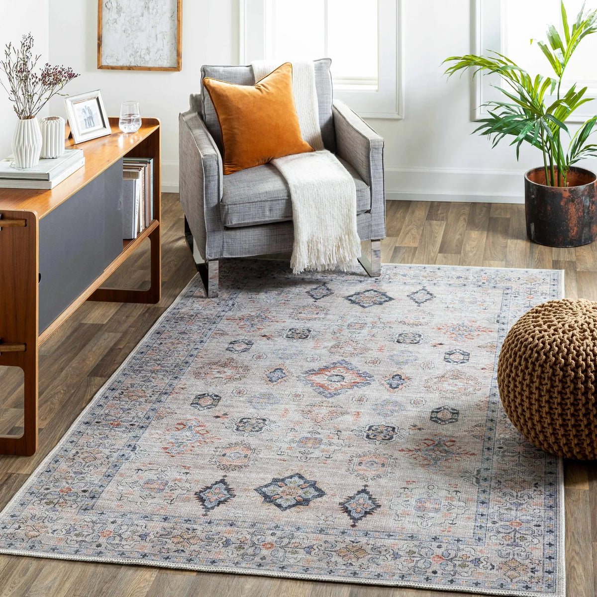 Beige Beckett Vintage Washable Area Rug, installed in a room
